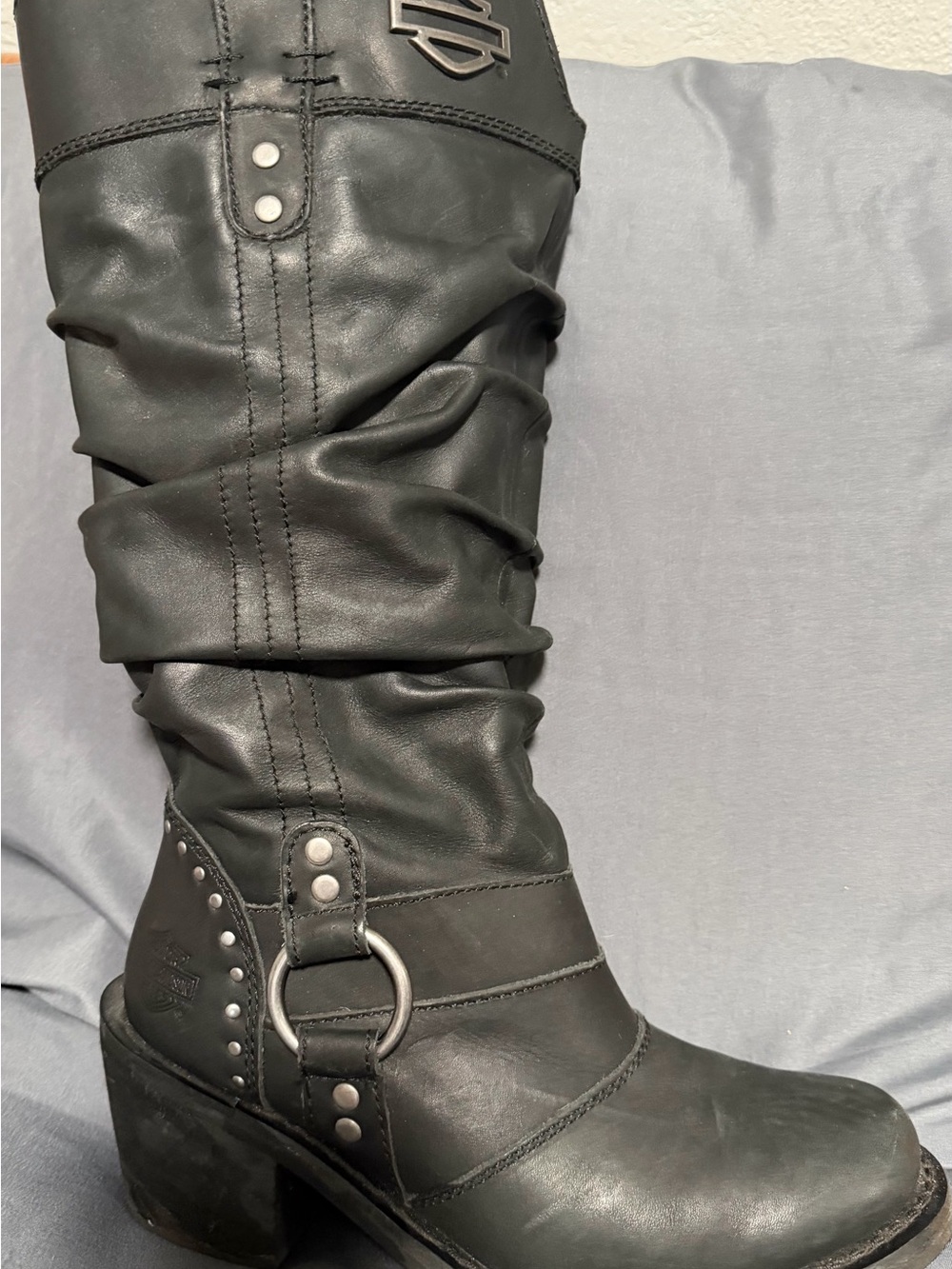 Harley-Davidson Black Leather Mid-Calf Heeled Riding Boots - Picture 2 of 3